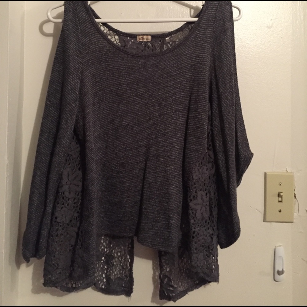 Flowy, open shoulder, open lace back, grey Top