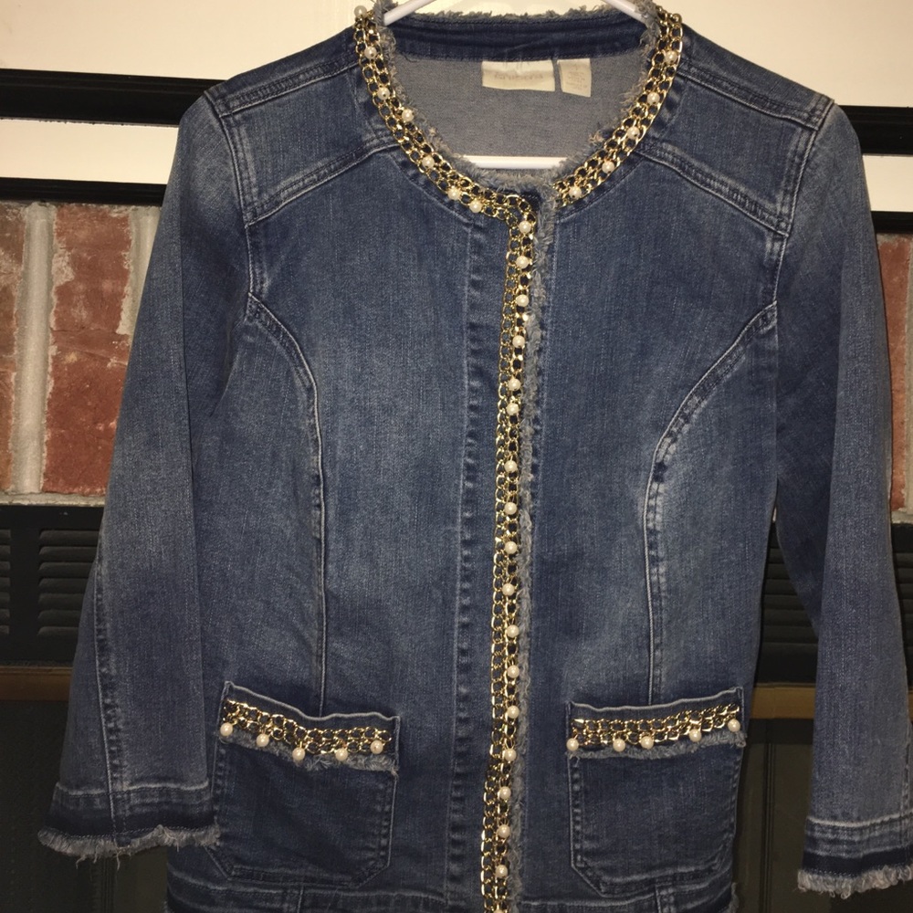 Chico's pearl/gold chain embellished denim jacket