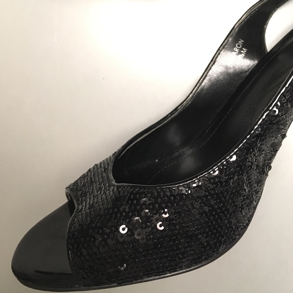 Tahari sequin black peep toe heels