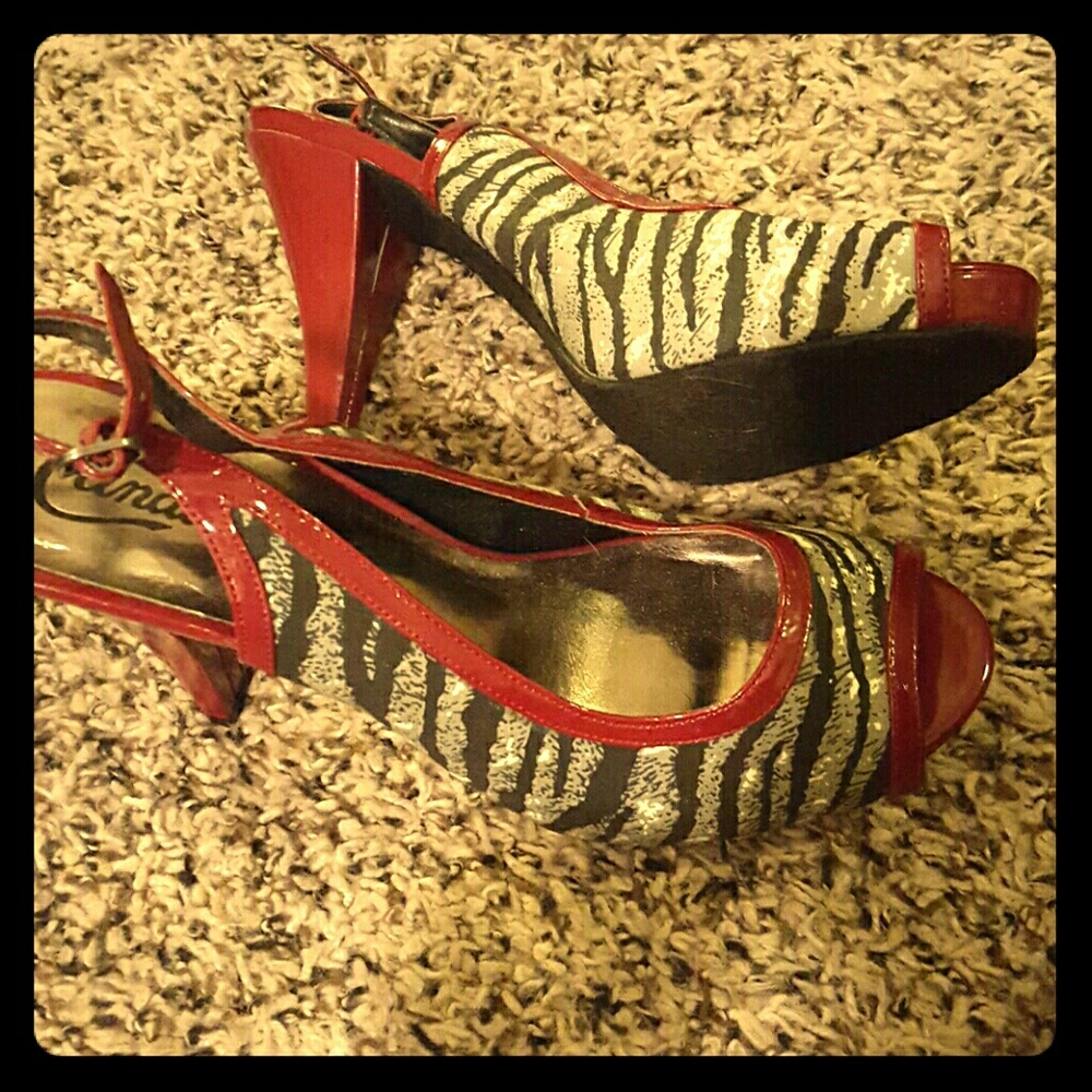 Red and zebra Candie's open toe pump