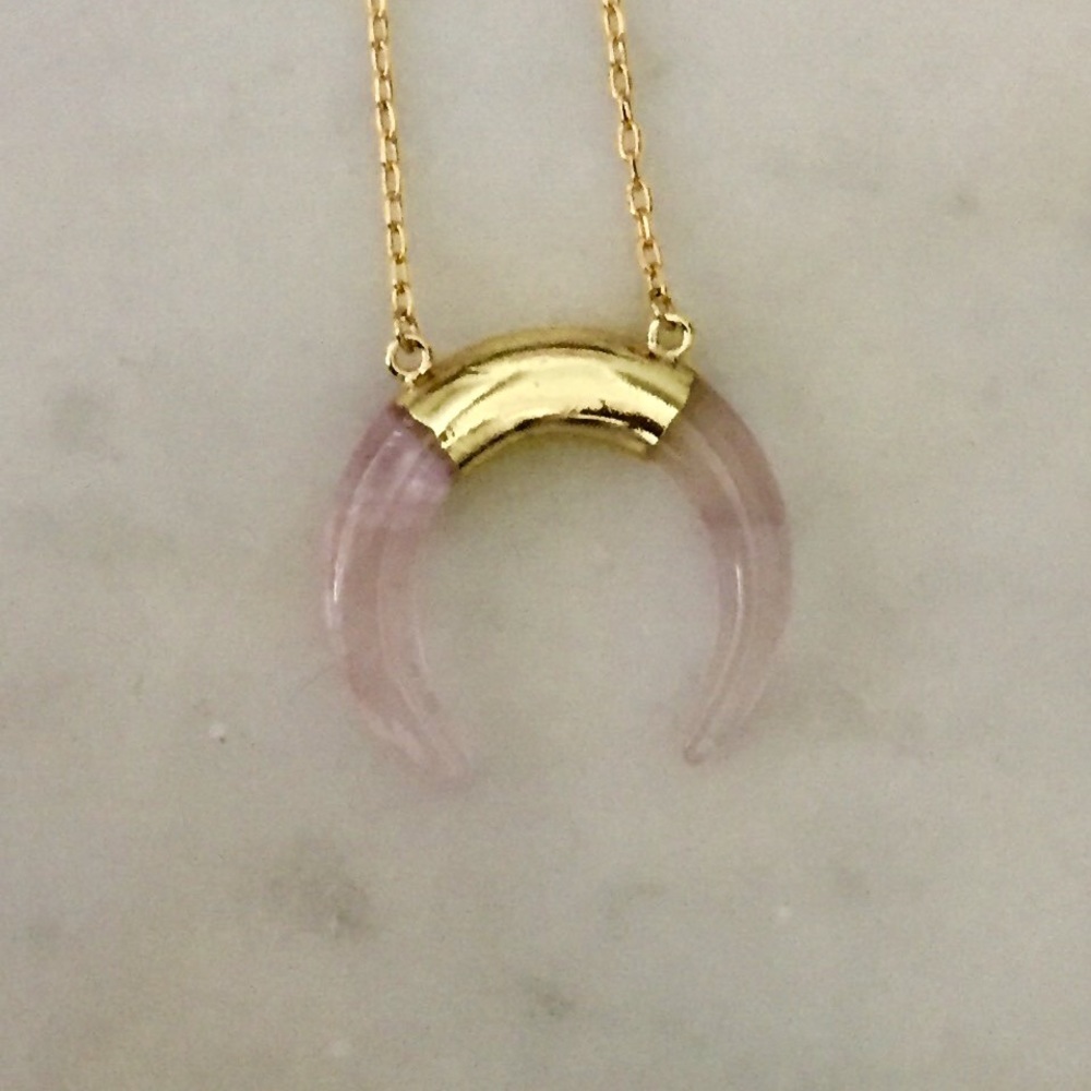 Rose Quartz Horn Crescent Necklace - Picture 3 of 4