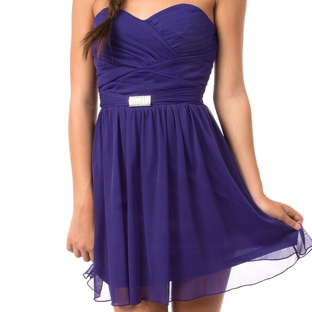 Purple strapless dress with rhinestone belt