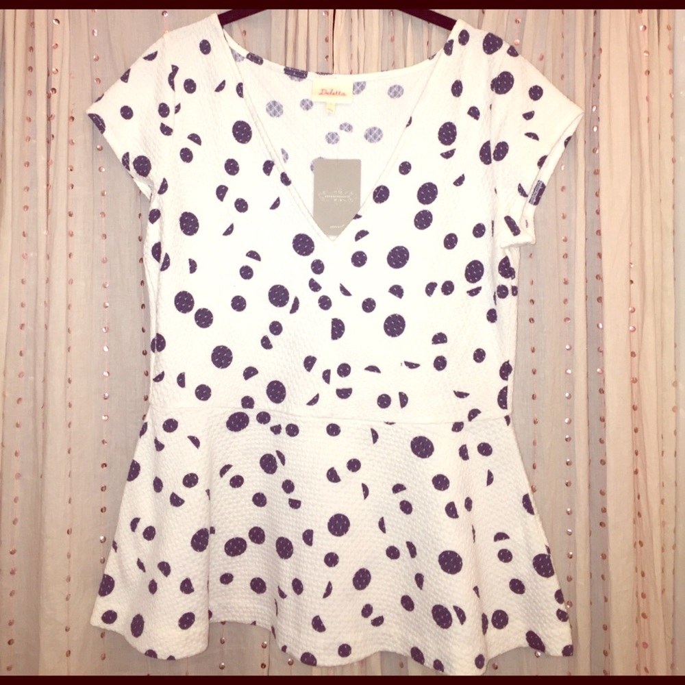 Deletta Anthropologie Polka Dot Peplum Top L