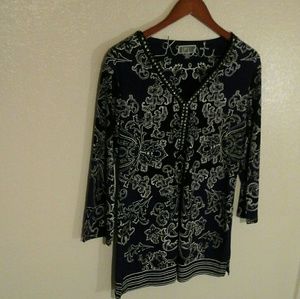 Dark blue & black Paisley 3/4 sleeve Beaded Shirt