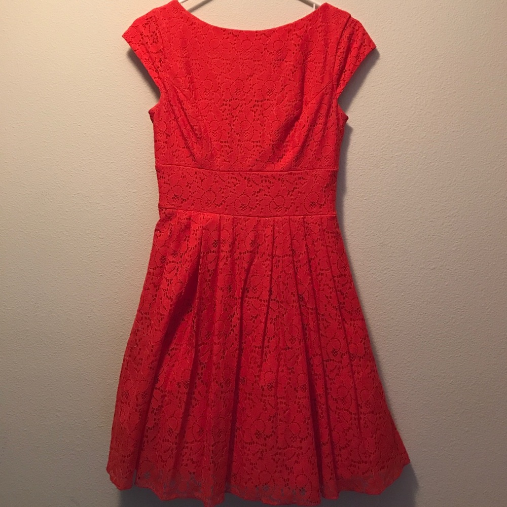 Coral cap-sleeve lace skater dress