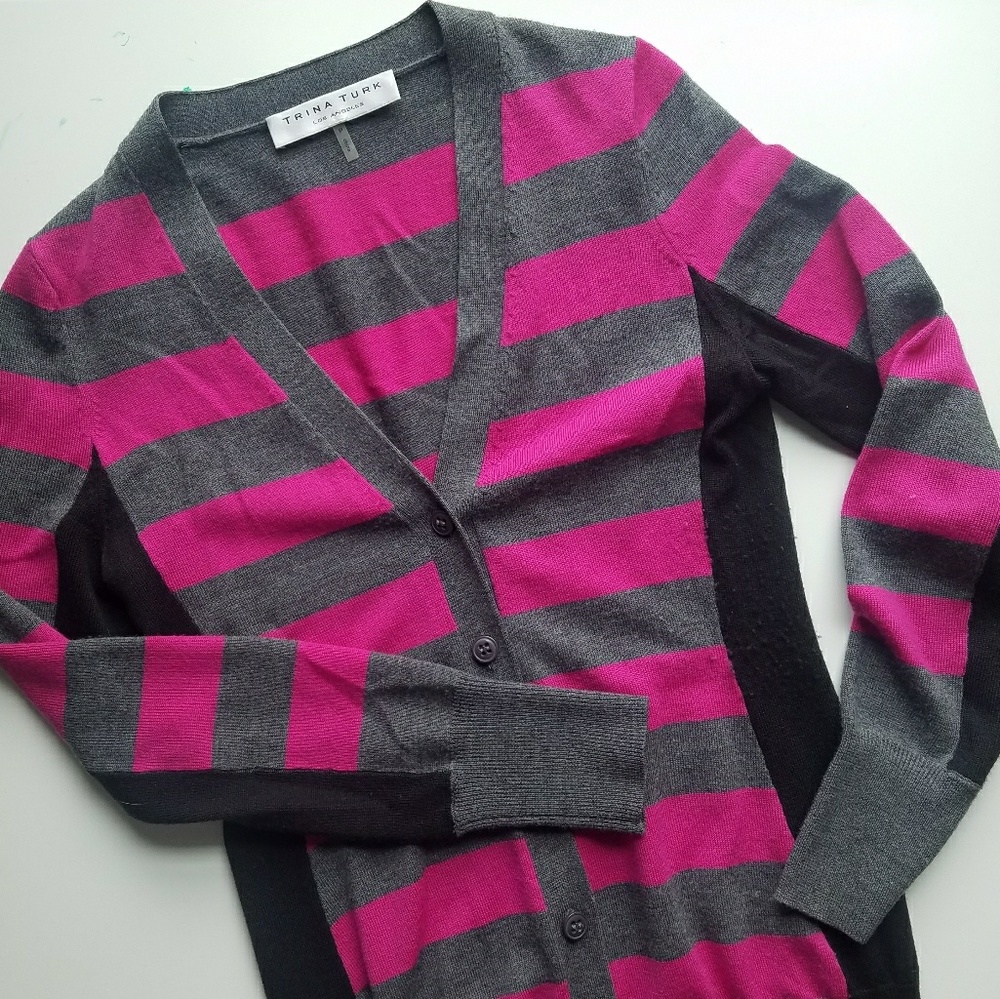 Trina Turk Striped Deep Vee Cardigan