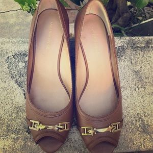 Saks Fifth Avenue Peep Toe Brown Leather Wedge