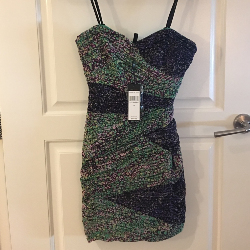 BCBGMAXAZRIA purple /green strapless bodycon dress