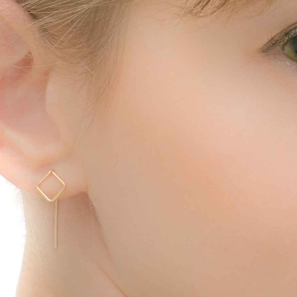 Geometric Ear Jackets Diamond Shaped Threader Earrings Silver, Gold, & Rose Gold - Picture 3 of 7
