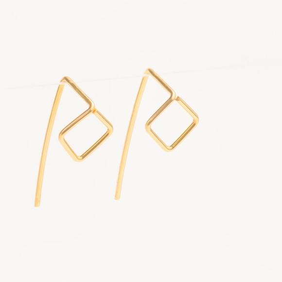 Geometric Ear Jackets Diamond Shaped Threader Earrings Silver, Gold, & Rose Gold - Picture 4 of 7