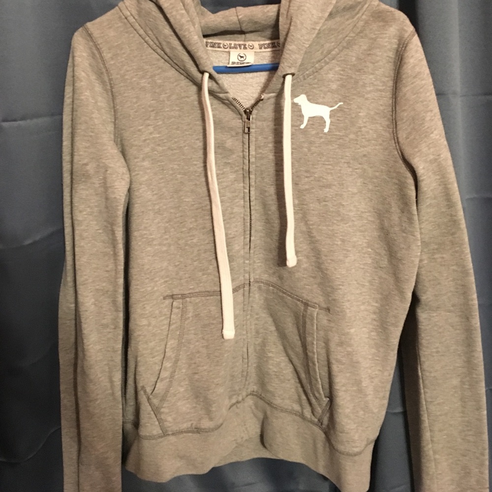 Light Gray PINK full zip hoodie, white lettering