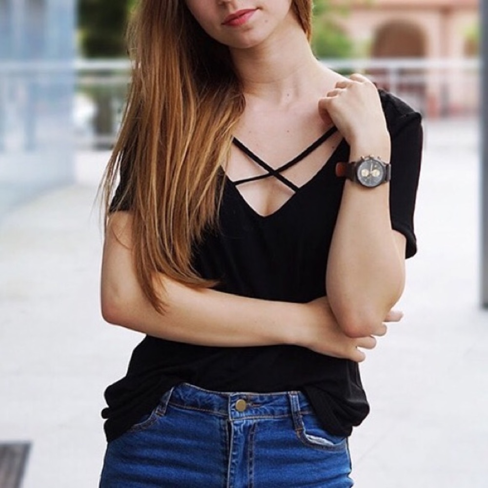 Classic black Cross Front V-Neck Top