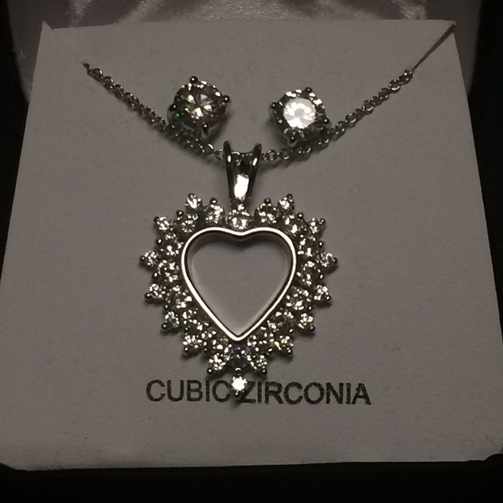 Silver plated CubicZirconia heart and earrings