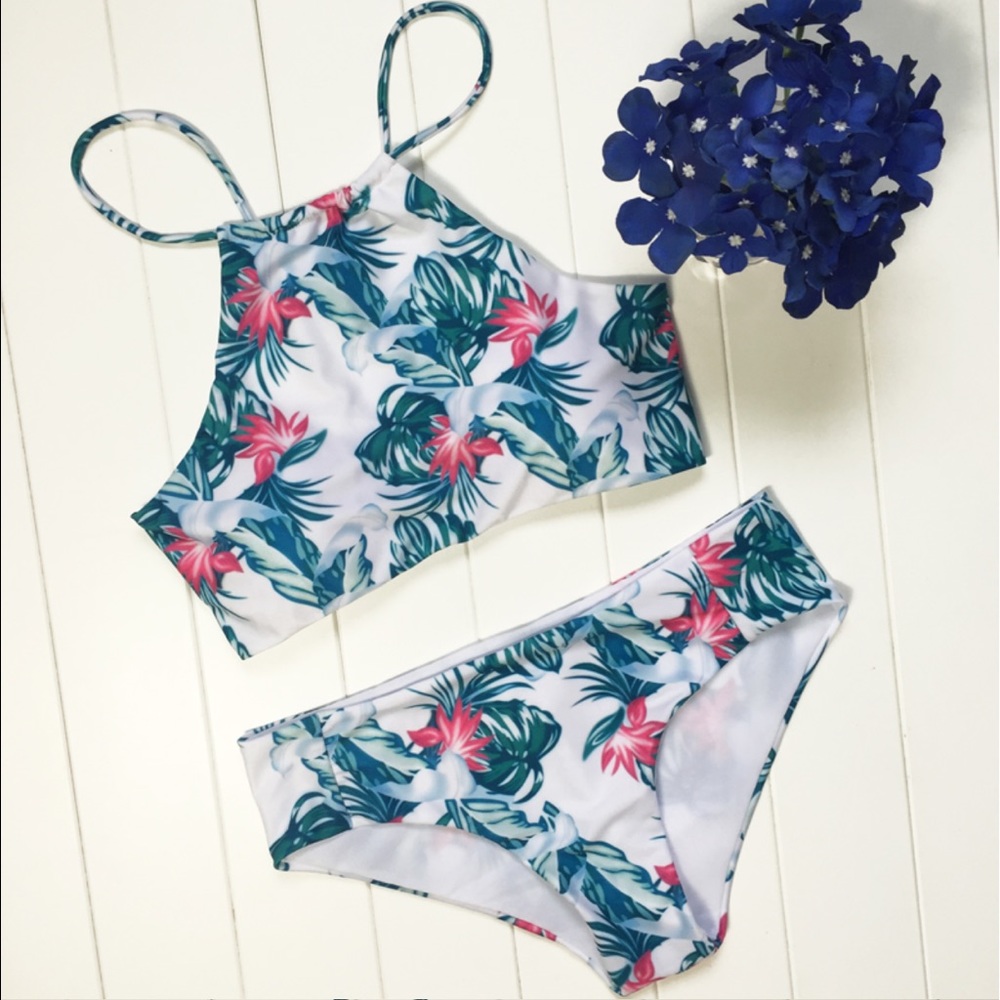 🌴🌸✨ floral palm leaves halter top bikini