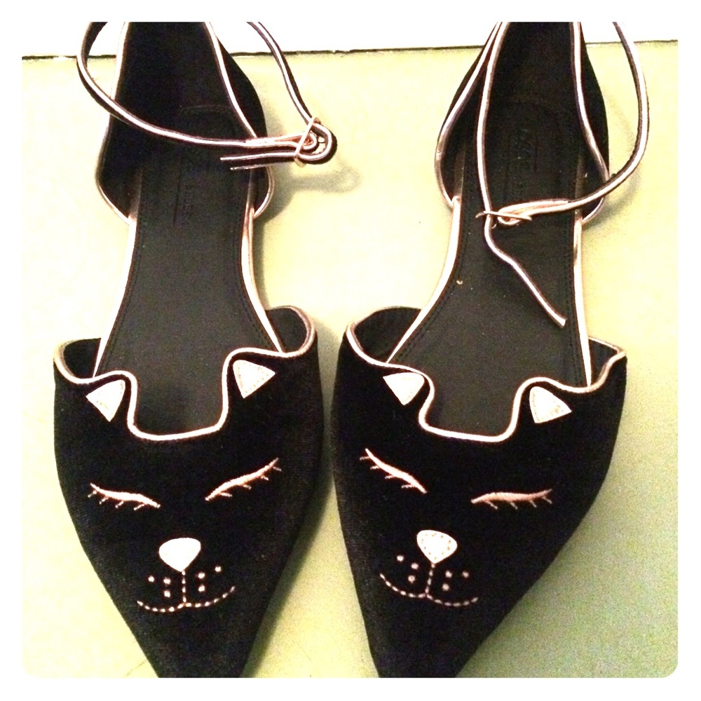 ASOS black and gold velvety pointed toe cat flats