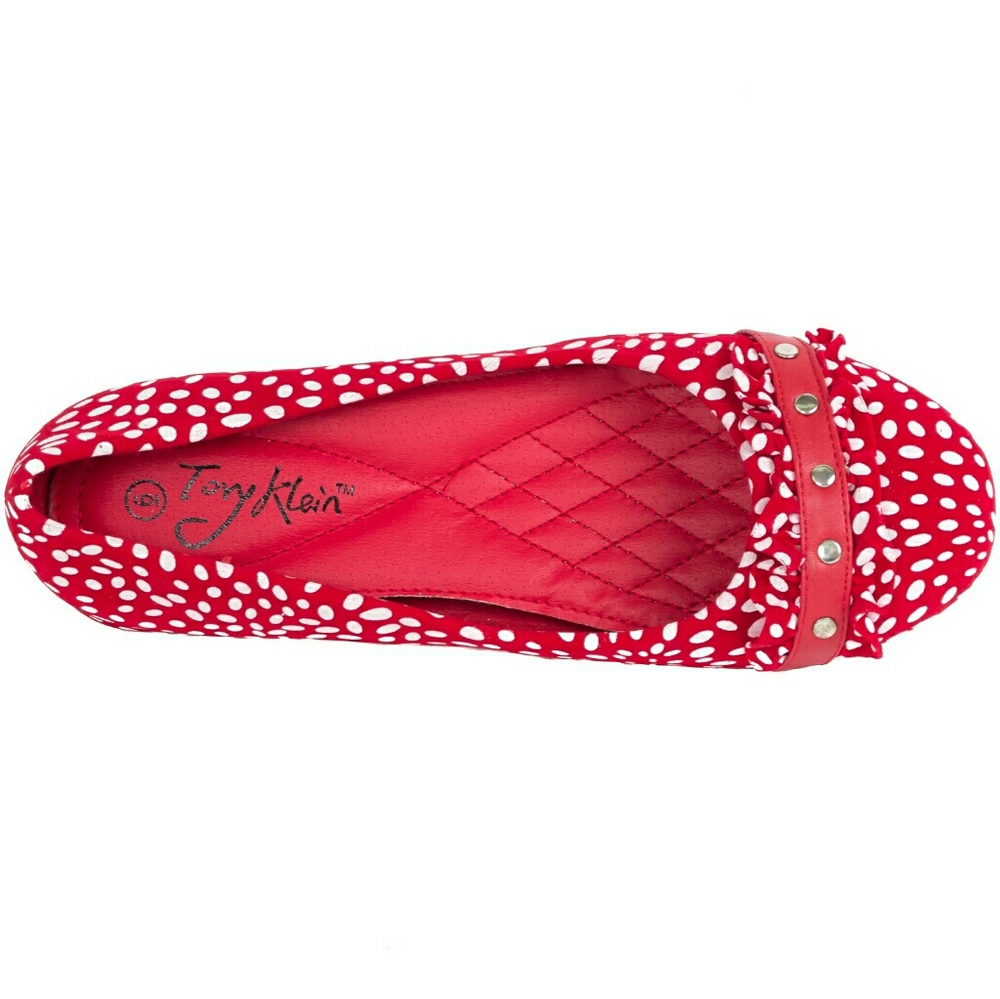 Women Polka Dot Ruffled Ballet Flats, b-1624, Red - Picture 2 of 4