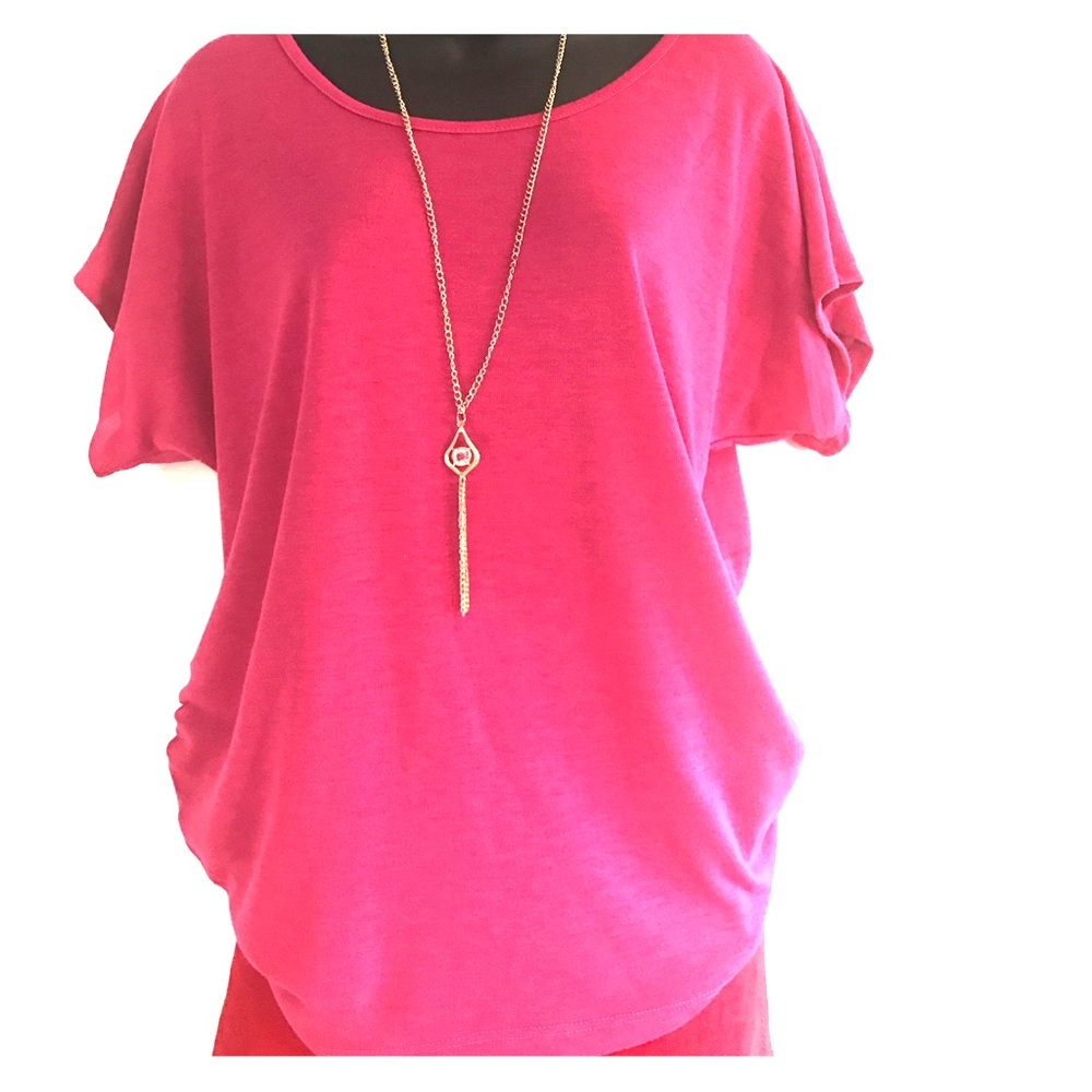 Magenta scoop-neck Blouse with necklace.