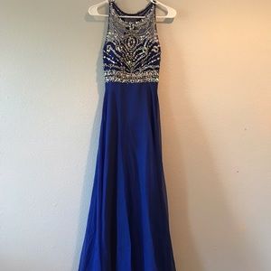 Long Blue Jeweled Prom Dress