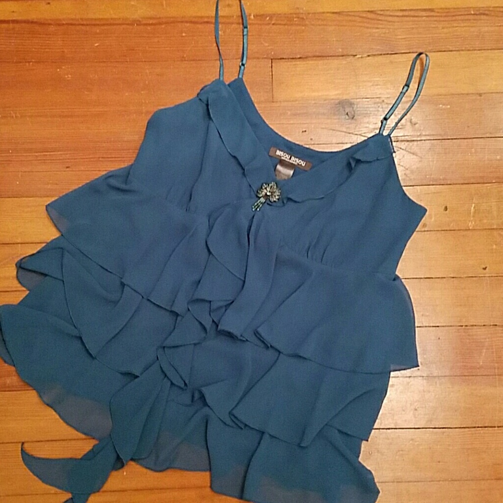 Teal Ruffled Tank With Rhinestone Accent