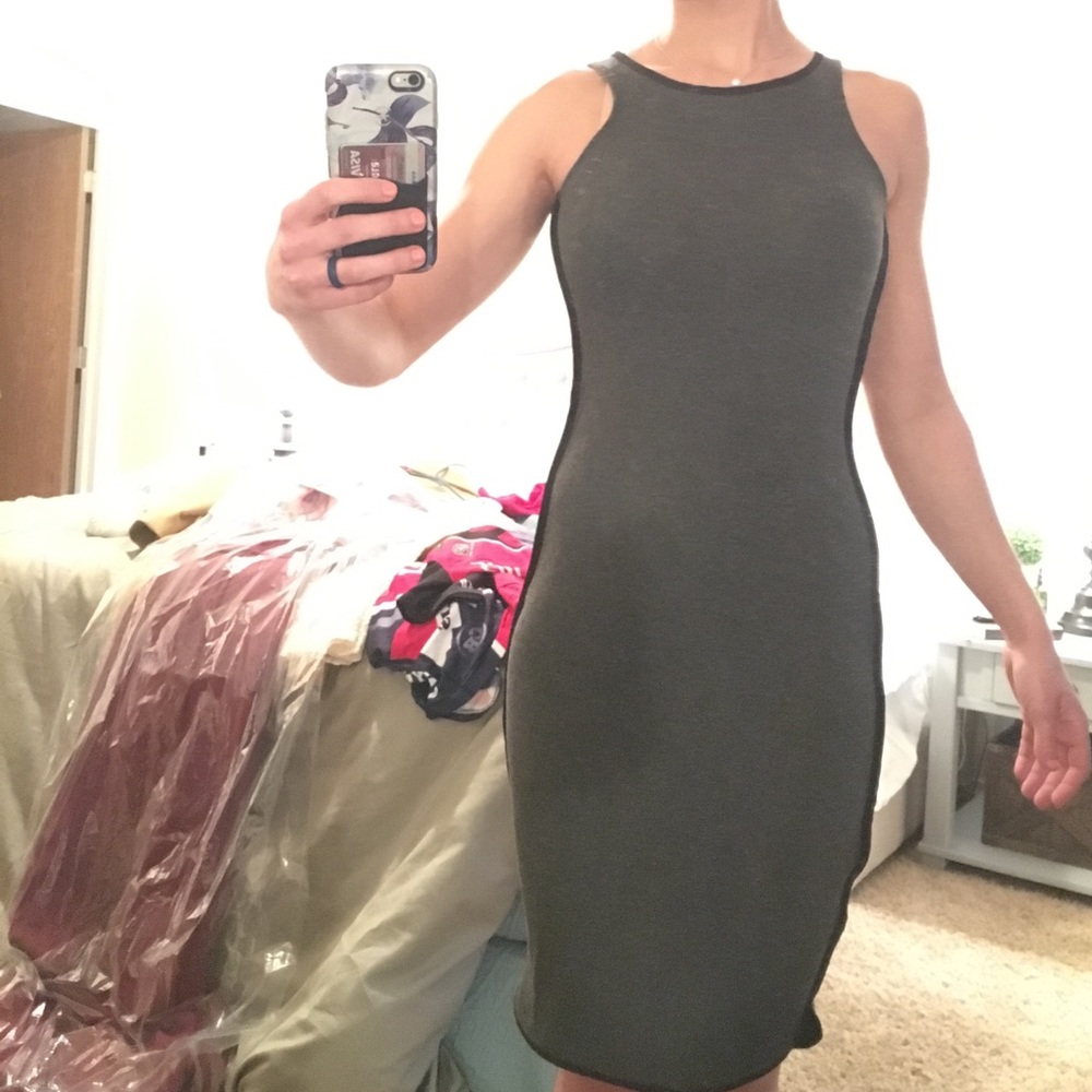 Grey knit fitted dress with black cord trim