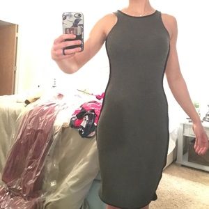 Grey knit fitted dress with black cord trim