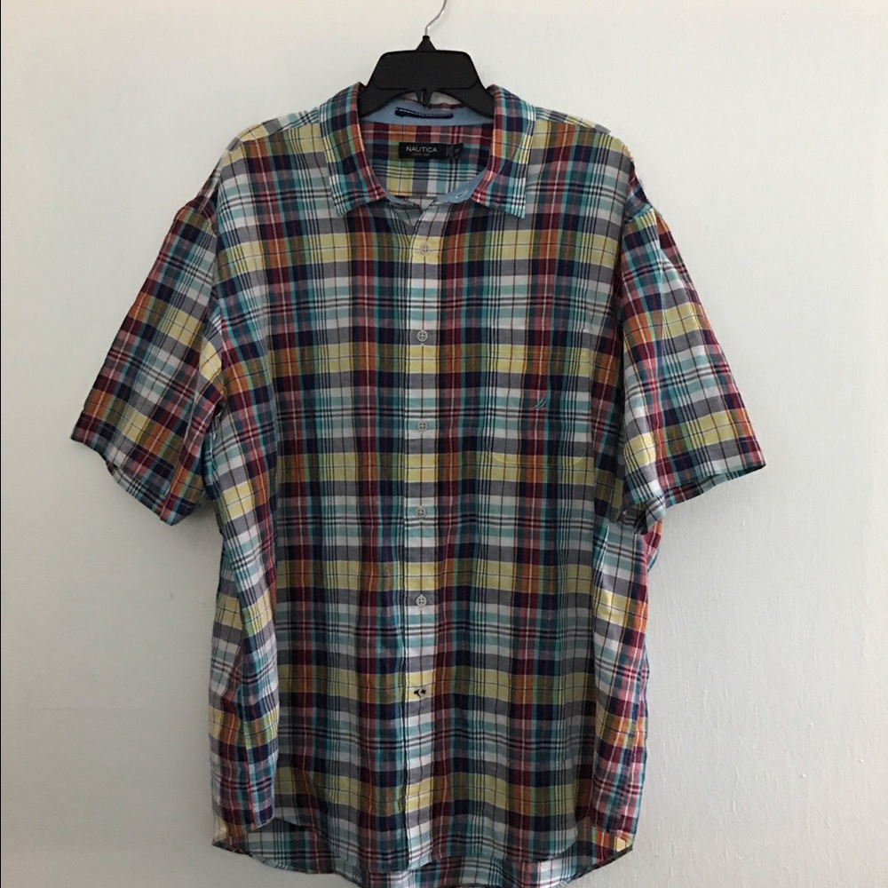 Nautica Plaid Linen Cotton Short Sleeve Shirt