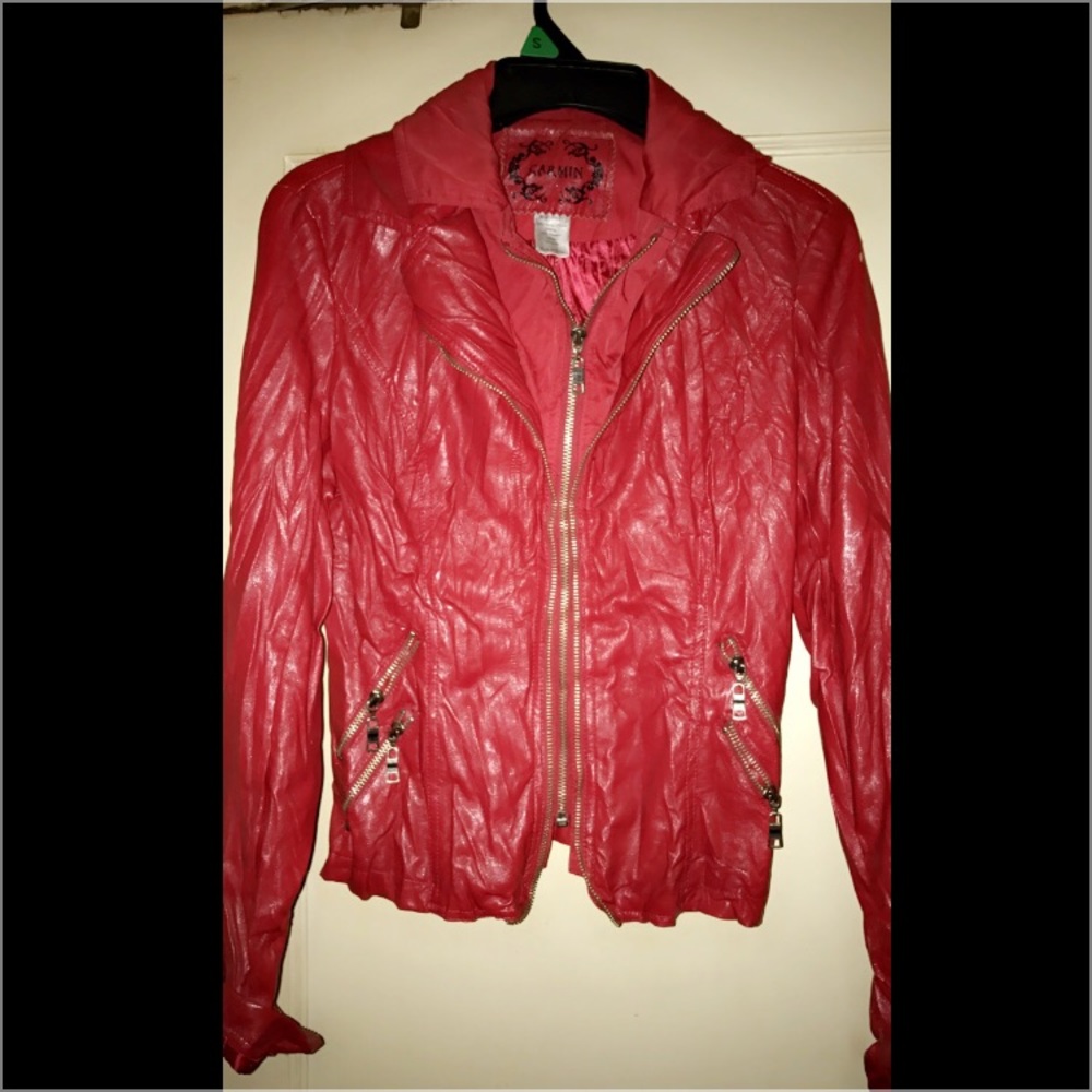Red crushed leather zipper jacket