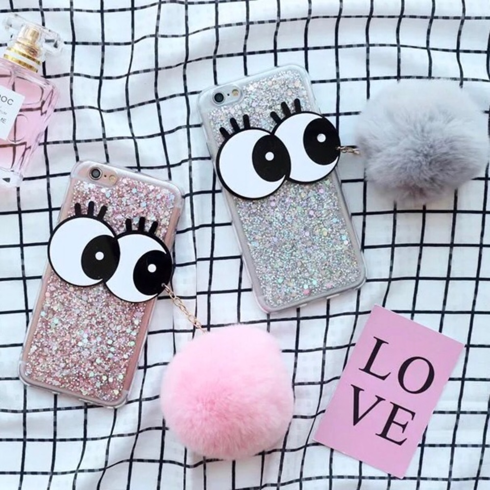 iPhone 7 & plus bling bling furry Pom phone case