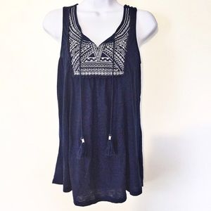 Just Be Boho Festival Tank, Navy w/White Embroider