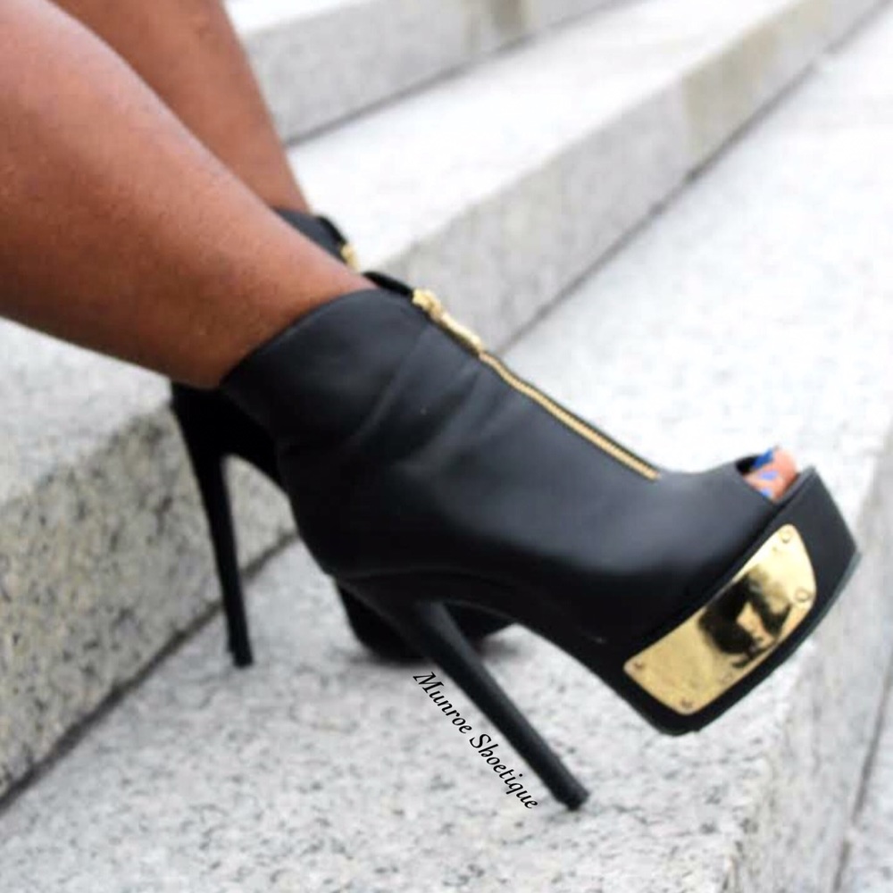Black Metallic Shield Peep Toe Stiletto Booties
