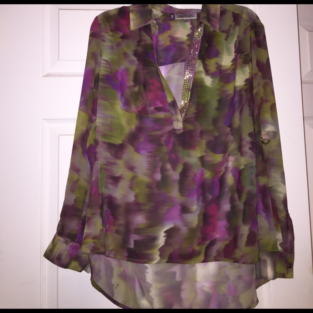 Jennifer Lopez colorful blouse w/gold stones