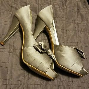 Silver peep toe heels