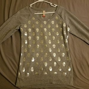 No Boundaries Grey Shiny Skull Print Sweater