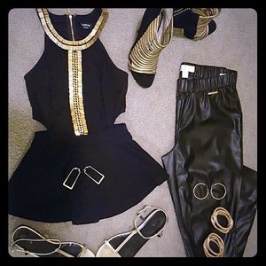 Bebe "Lisette" Black & Gold Beaded Peplum Top