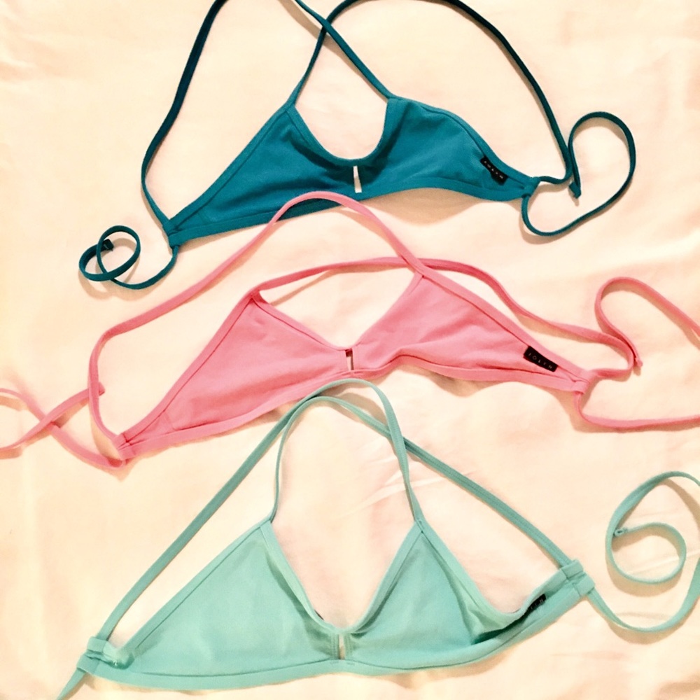 Jolyn bikini tops, XS teal, S pink, M beach