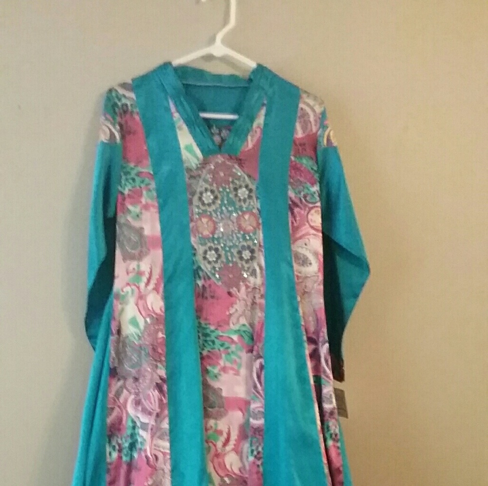 Teal Maxi Hi low dress with immaculate embroidery