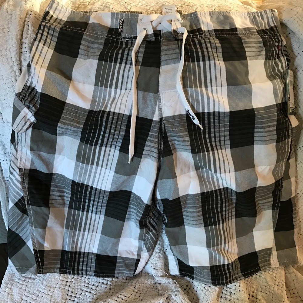 Brand New Black/White/Gray Plaid Print Swim Trunks