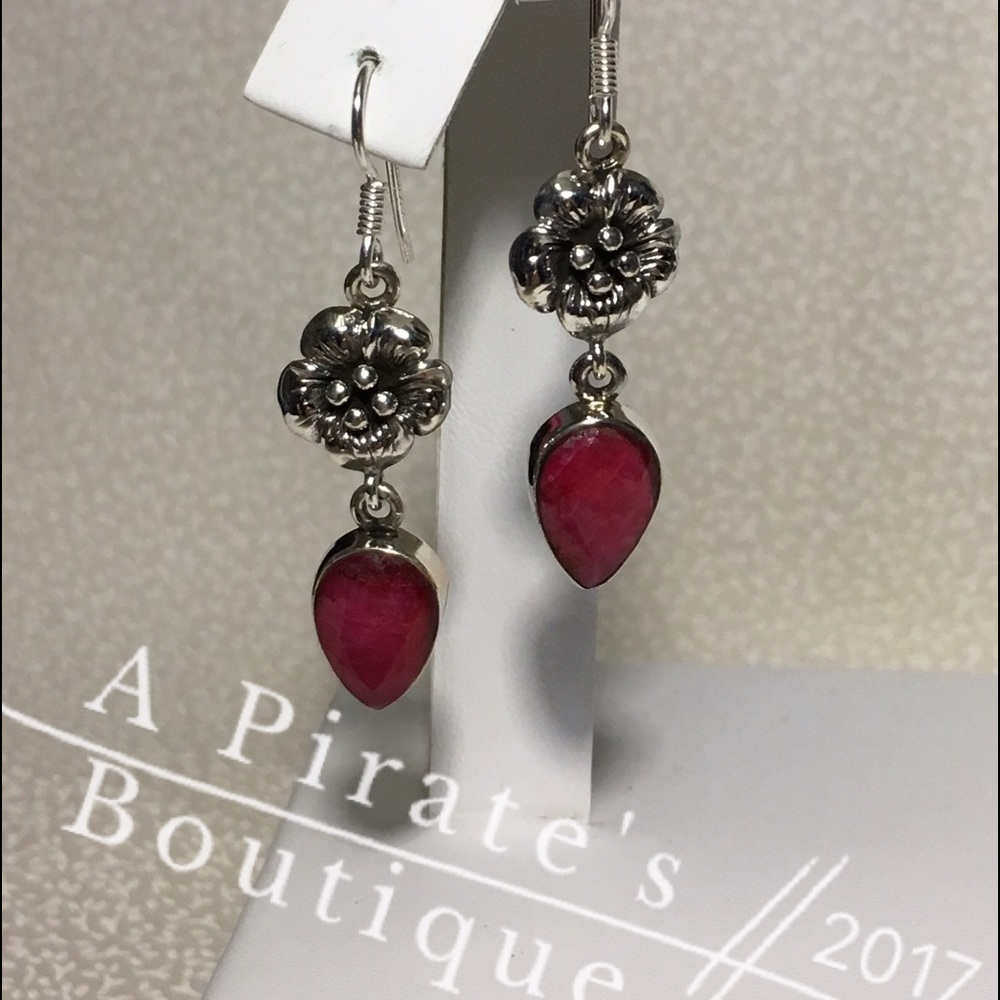 Vintage Natural Ruby and Sterling Silver Earrings