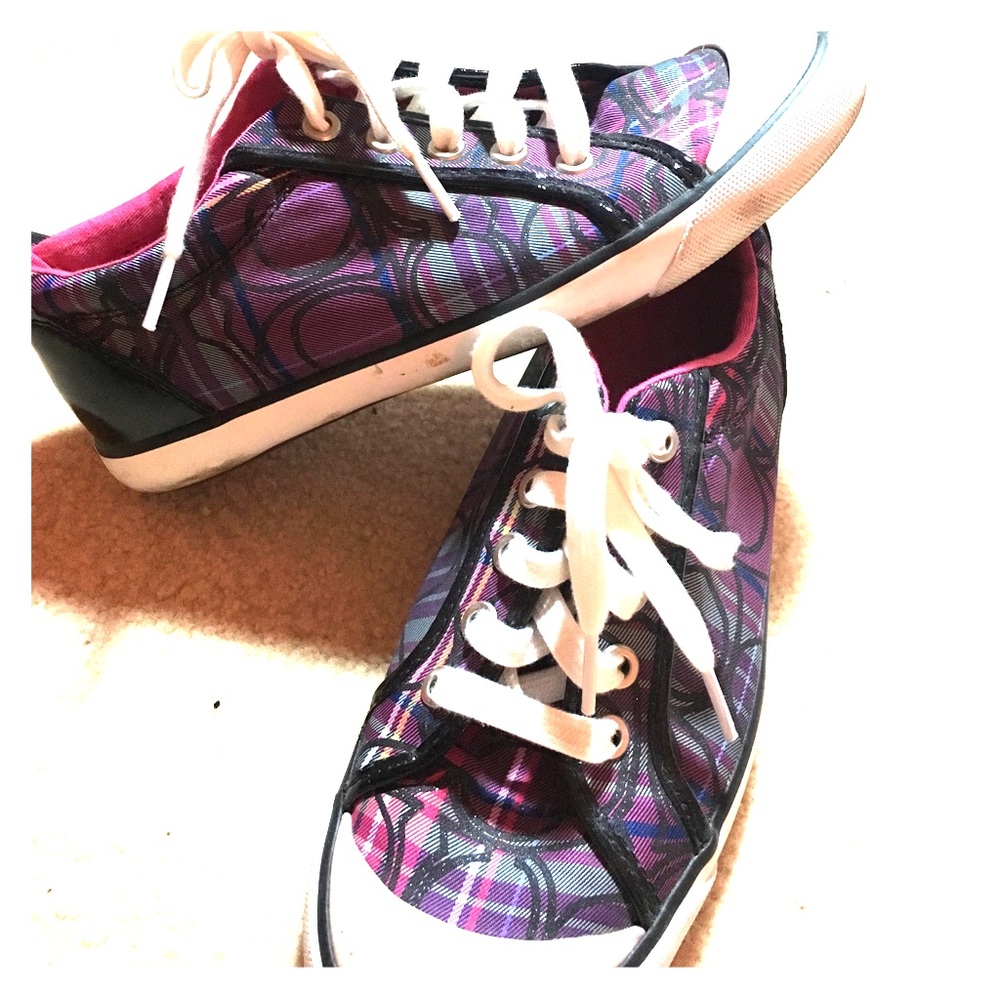 Coach leather ware purple and black plaid shoes