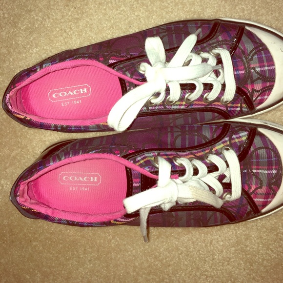 Coach leather ware purple and black plaid shoes - Picture 3 of 3