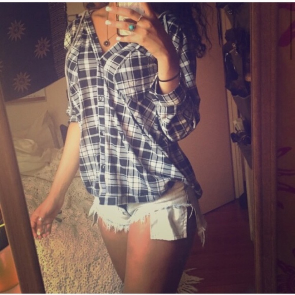 Hooded plaid button up
