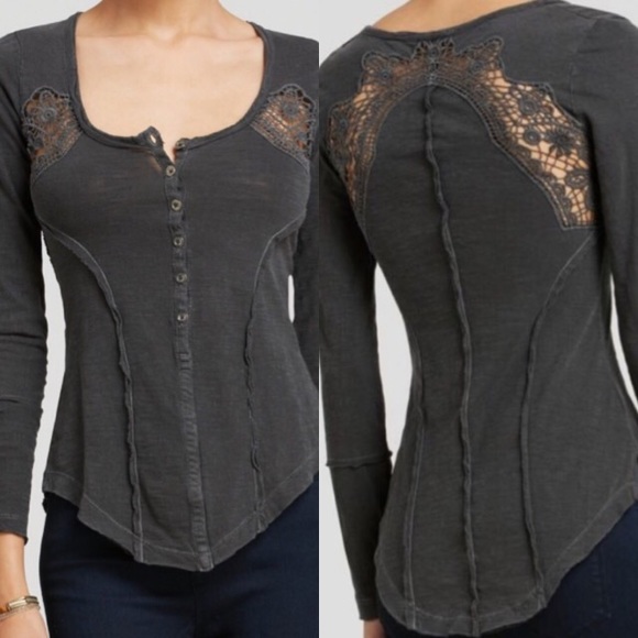 Free People Tops - Free People Keepsake Henley Gray Lace Longsleeve