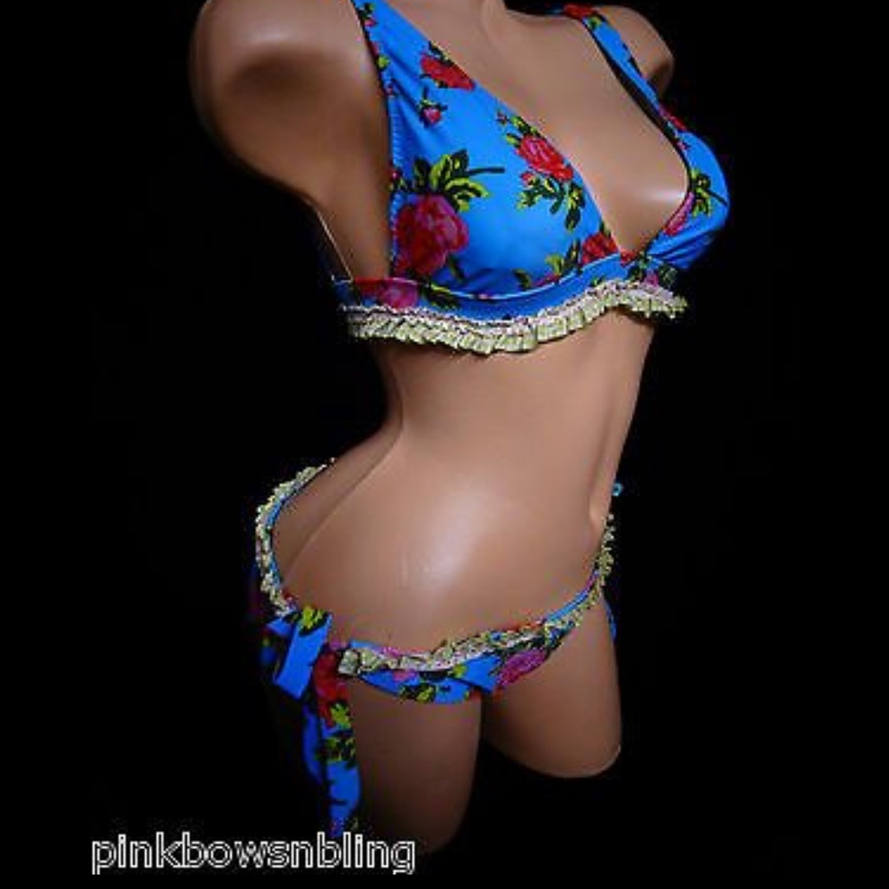 Betsey Johnson blue aqua red rose bikini swimsuit