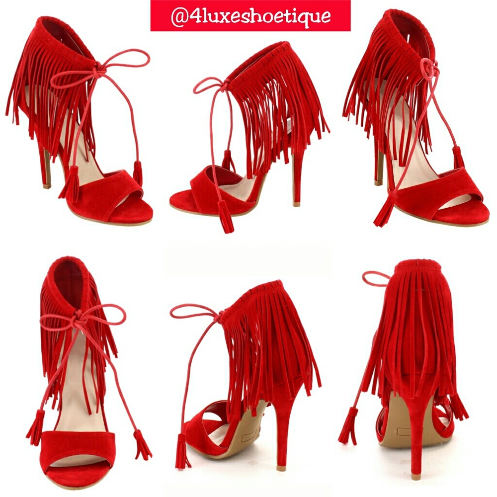 NEW RED Front Tie Fringe Sandal heels
