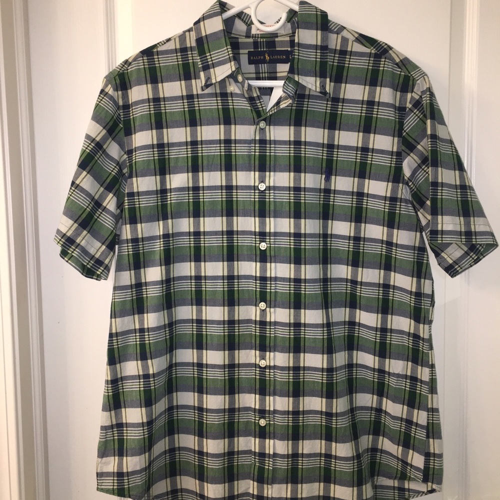 Short Sleeve Blue and Green Plaid Shirt