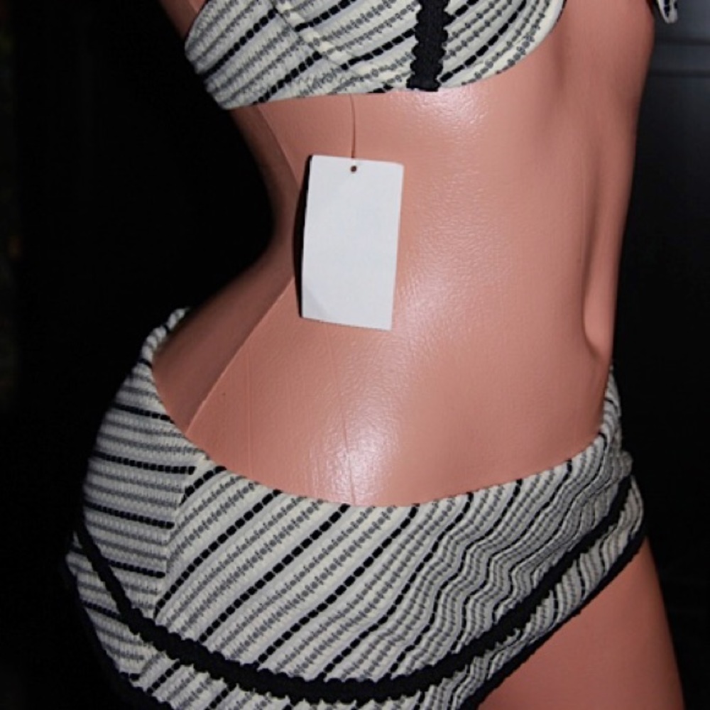 Betsey Johnson black cream striped bikini swimsuit retro dollbaby vintage skirt - Picture 3 of 16