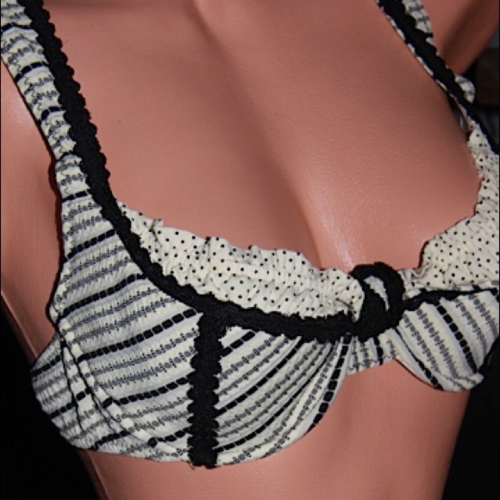 Betsey Johnson black cream striped bikini swimsuit retro dollbaby vintage skirt - Picture 5 of 16