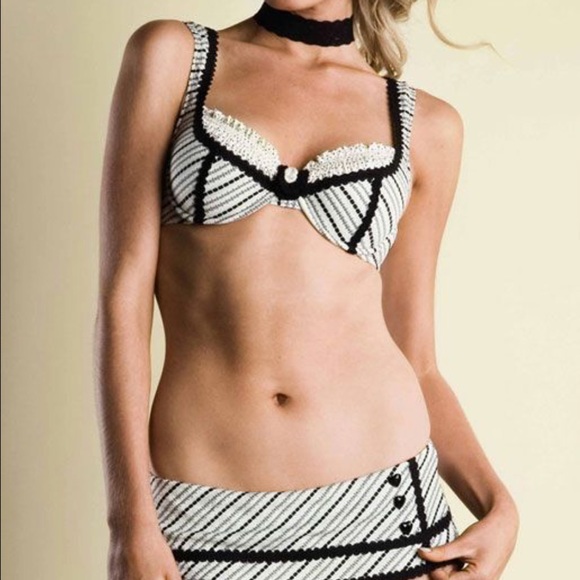 Betsey Johnson Other - Betsey Johnson black cream striped bikini swimsuit retro dollbaby vintage skirt