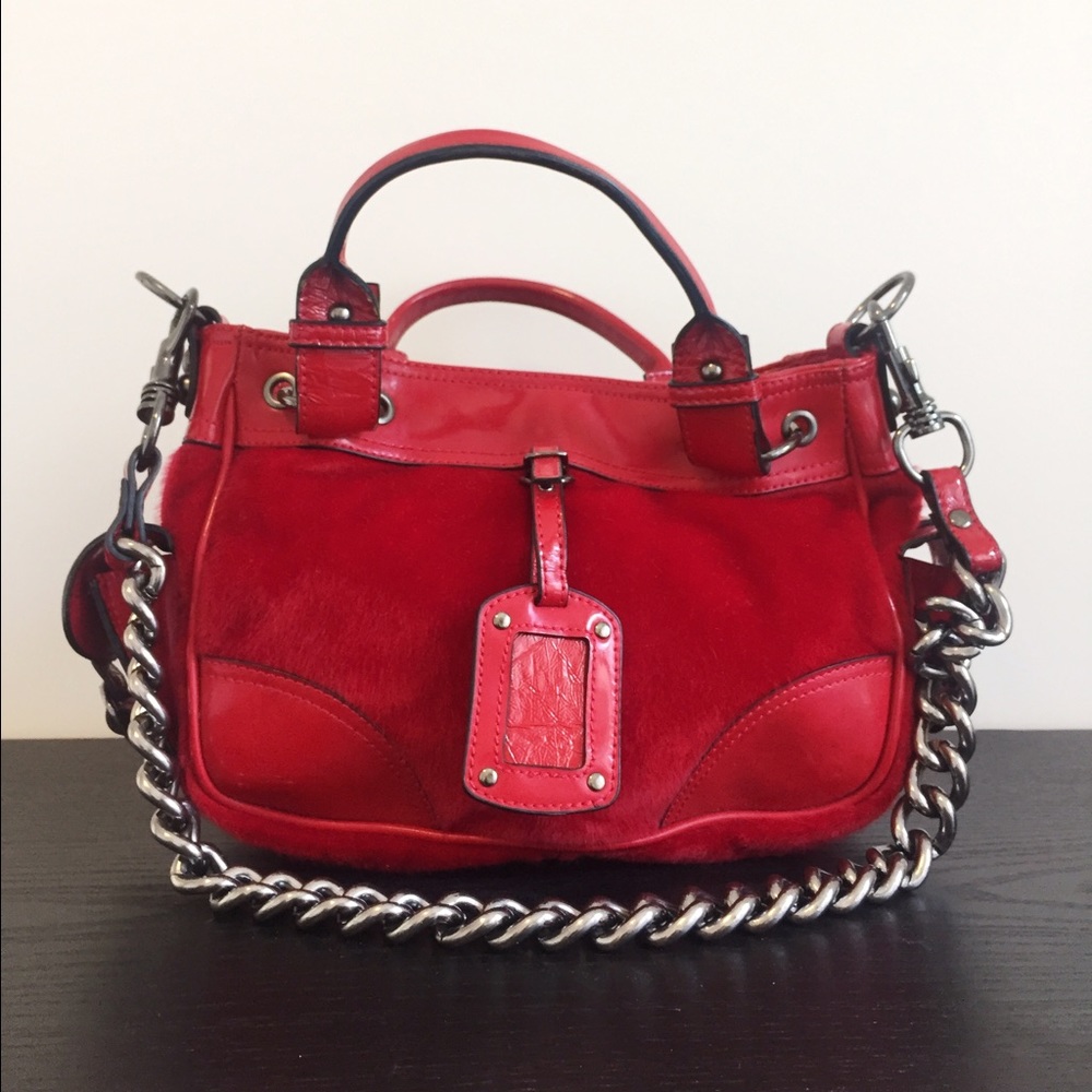 Staccato Ruby Red Faux Fur Handbag W/ Chain Strap