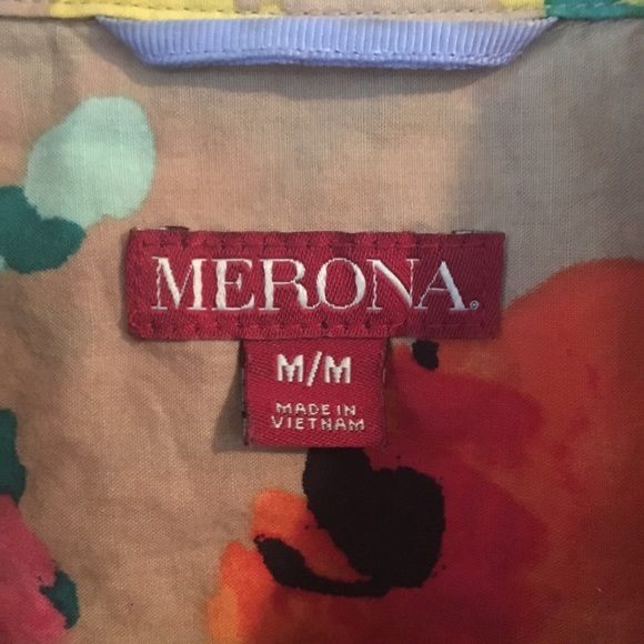 Floral Button Down shirt tan, blue, orange Size M - Picture 2 of 4